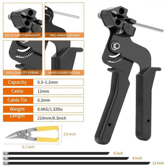 Alt view image 2 of 6 - Stainless Steel Cable Tie Gun Set, with 300PCS Black Metal Zip Ties (100 Each of 6, 8, 11.8 Inch), Adjustable Fastening Cutting Tie Tool Sets for Fencing, Exhaust Pipes, Automotive