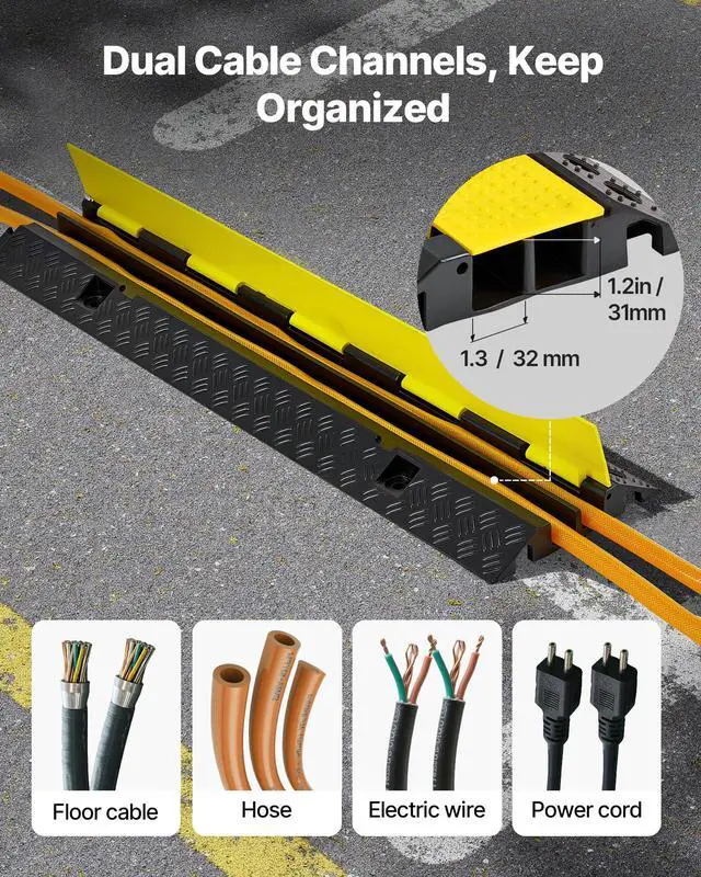 Alt view image 4 of 7 - Cable Protector Ramp, 22,000 lbs/axle Capacity, 2 Channel Heavy Duty Rubber Cord Hose Wire Cover, 1.3 x 1.2 in Channel, Traffic Speed Bump with Flip-Open Top Cover, for Indoor Outdoor, 1 Pack