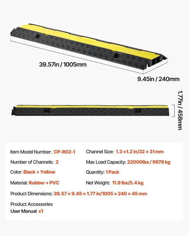 Alt view image 7 of 7 - Cable Protector Ramp, 22,000 lbs/axle Capacity, 2 Channel Heavy Duty Rubber Cord Hose Wire Cover, 1.3 x 1.2 in Channel, Traffic Speed Bump with Flip-Open Top Cover, for Indoor Outdoor, 1 Pack