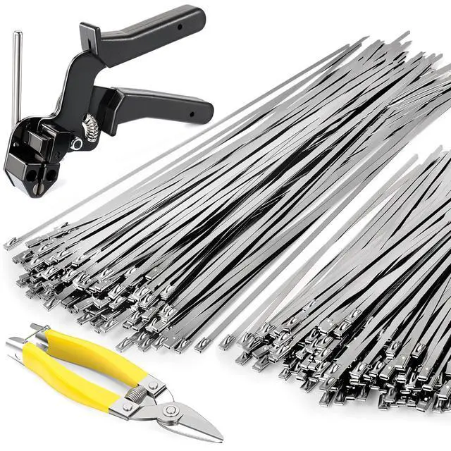 Main image of Stainless Steel Cable Tie Gun Kit + 200 Pcs Metal Zip Ties | All-In-One Dual-Size (11.8" & 7.8") Fastener Set with Industrial Shears for Farm Fence & Wire Mesh Repair