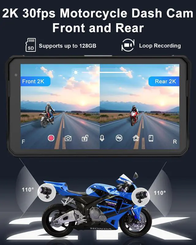 Alt view image 2 of 7 - 2K Motorcycle Dash Cam Front and Rear, 6" Carplay & Android Auto Screen | 30FPS Moto Camera, GPS Navigation System, 60Hz IPS Touchscreen, IP68 Waterproof, Bluetooth Audio