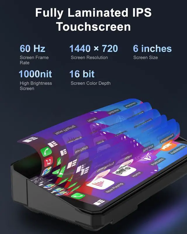 Alt view image 3 of 7 - 2K Motorcycle Dash Cam Front and Rear, 6" Carplay & Android Auto Screen | 30FPS Moto Camera, GPS Navigation System, 60Hz IPS Touchscreen, IP68 Waterproof, Bluetooth Audio