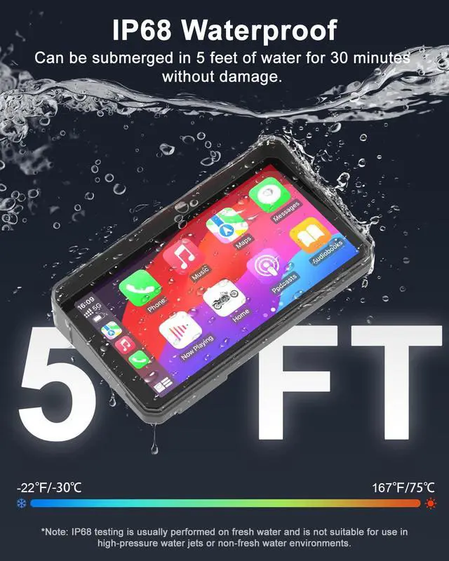 Alt view image 4 of 7 - 2K Motorcycle Dash Cam Front and Rear, 6" Carplay & Android Auto Screen | 30FPS Moto Camera, GPS Navigation System, 60Hz IPS Touchscreen, IP68 Waterproof, Bluetooth Audio