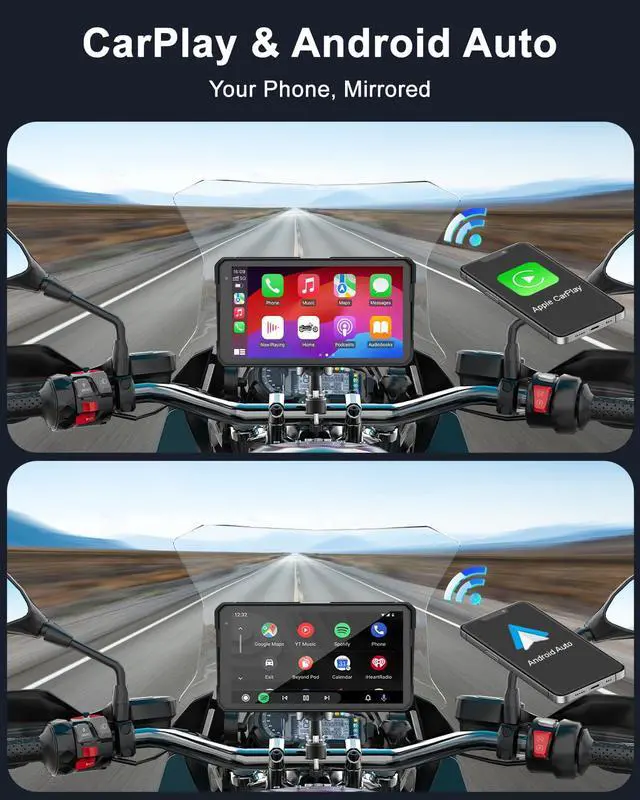 Alt view image 7 of 7 - 2K Motorcycle Dash Cam Front and Rear, 6" Carplay & Android Auto Screen | 30FPS Moto Camera, GPS Navigation System, 60Hz IPS Touchscreen, IP68 Waterproof, Bluetooth Audio