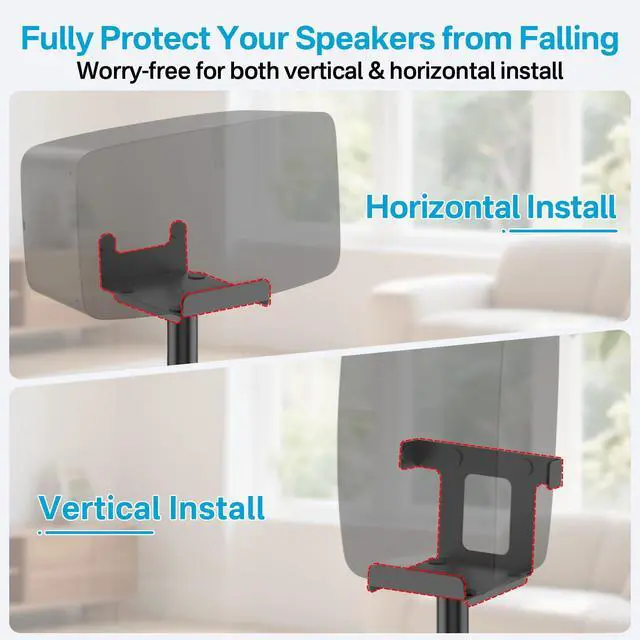 Alt view image 4 of 6 - Pair of Height Adjustable Speaker Stand for Sonos Five & Play 5 Speaker Support Vertical & Horizontal - Heavy-Duty Floor Stand for Sonos Play 5 Gen 2 and Sonos Five with Cable Management, Black