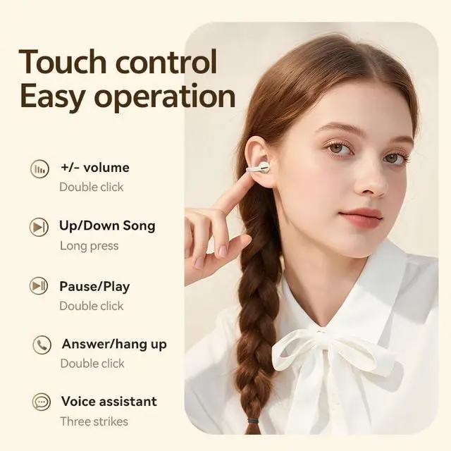 Alt view image 6 of 7 - Clip On Earbuds, Open Ear Bluetooth 6.0 Wireless Headphones with Touch Control, Lightweight Ear Clip Design, Glasses Friendly Sports Earbuds for Running, Work & Travel, IPX6 Waterproof White