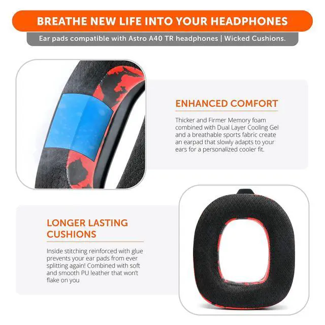 Alt view image 4 of 7 - Mod Kit A40 Cooling Gel Earpads + Headband Replacement Compatible with Astro A40 Gen 4 & A40 TR by Wicked Cushions | Enhanced Comfort, Cooling & Durability | Red Camo