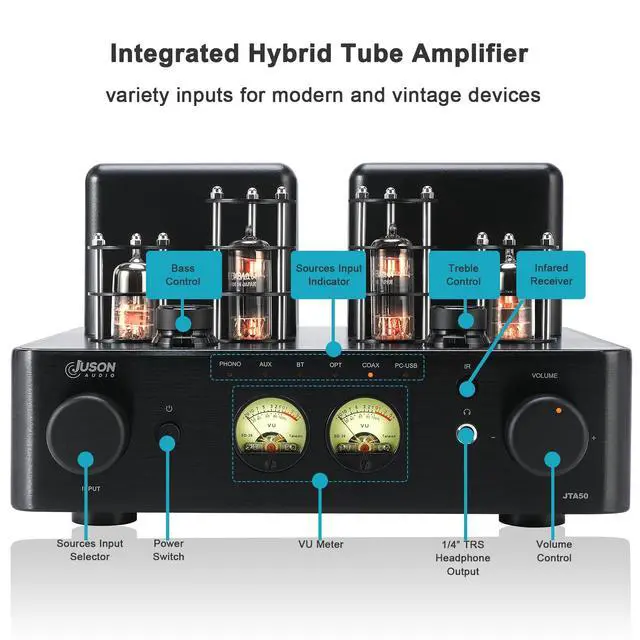 Alt view image 2 of 7 - Juson Audio JTA50 2025 50W x 2 Tube Amplifier | HiFi Class AB Amp with BT 5.0 | Phono Preamp | Headphone Tube Amp | USB/Coax/AUX/Opt in,Subwoofer Out | 2.1CH Amplifier for Turntable and CD Player