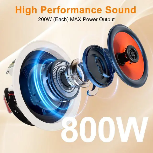 Alt view image 3 of 7 - 8 Inch Bluetooth Ceiling Speakers with 4-Channel Amplifier, 800W Max Power, 4 Speakers - Crisp Clear Sound for Living Room, Office, Kitchen, Basement, Covered Patio