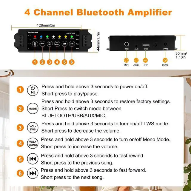 Alt view image 5 of 7 - 8 Inch Bluetooth Ceiling Speakers with 4-Channel Amplifier, 800W Max Power, 4 Speakers - Crisp Clear Sound for Living Room, Office, Kitchen, Basement, Covered Patio