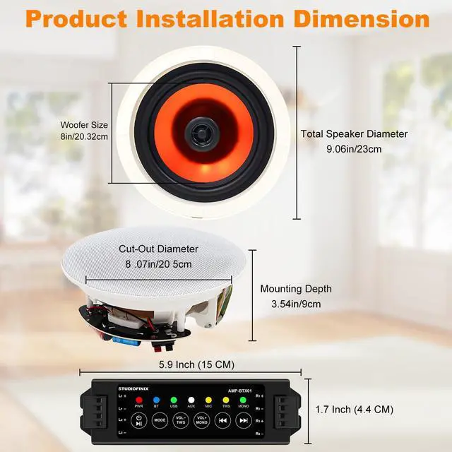 Alt view image 6 of 7 - 8 Inch Bluetooth Ceiling Speakers with 4-Channel Amplifier, 800W Max Power, 4 Speakers - Crisp Clear Sound for Living Room, Office, Kitchen, Basement, Covered Patio