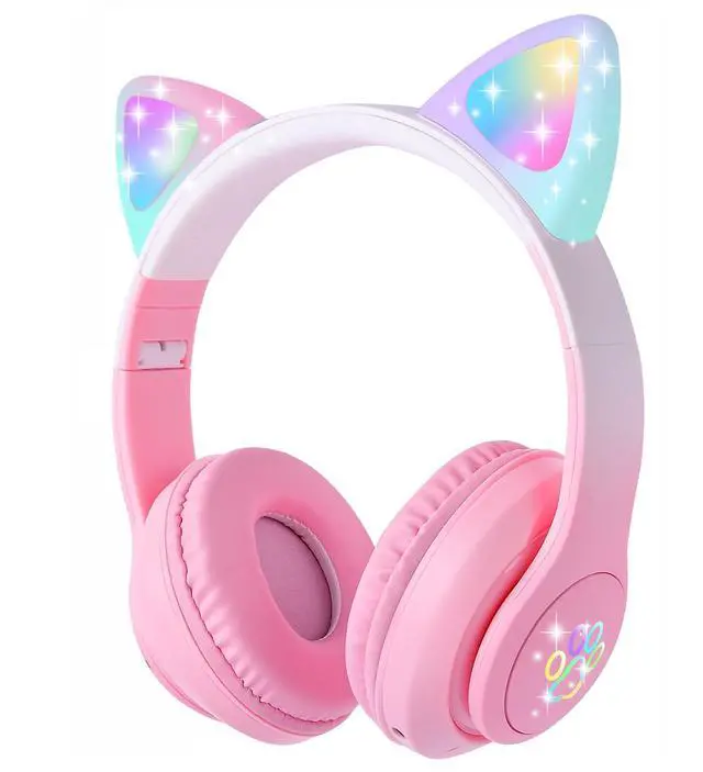 Main image of Cat Ear Kids Bluetooth Headphones for Girls Children Teens, LED Light Up Wireless/Wired Mode Foldable Stereo Girls Headphones with Built-in Mic for School Birthday Xmas Gift (Pink)