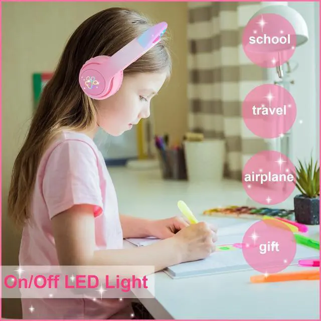 Alt view image 2 of 5 - Cat Ear Kids Bluetooth Headphones for Girls Children Teens, LED Light Up Wireless/Wired Mode Foldable Stereo Girls Headphones with Built-in Mic for School Birthday Xmas Gift (Pink)
