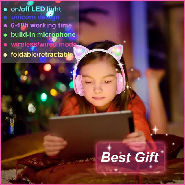 Alt view image 3 of 5 - Cat Ear Kids Bluetooth Headphones for Girls Children Teens, LED Light Up Wireless/Wired Mode Foldable Stereo Girls Headphones with Built-in Mic for School Birthday Xmas Gift (Pink)