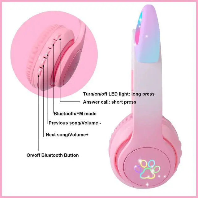 Alt view image 4 of 5 - Cat Ear Kids Bluetooth Headphones for Girls Children Teens, LED Light Up Wireless/Wired Mode Foldable Stereo Girls Headphones with Built-in Mic for School Birthday Xmas Gift (Pink)