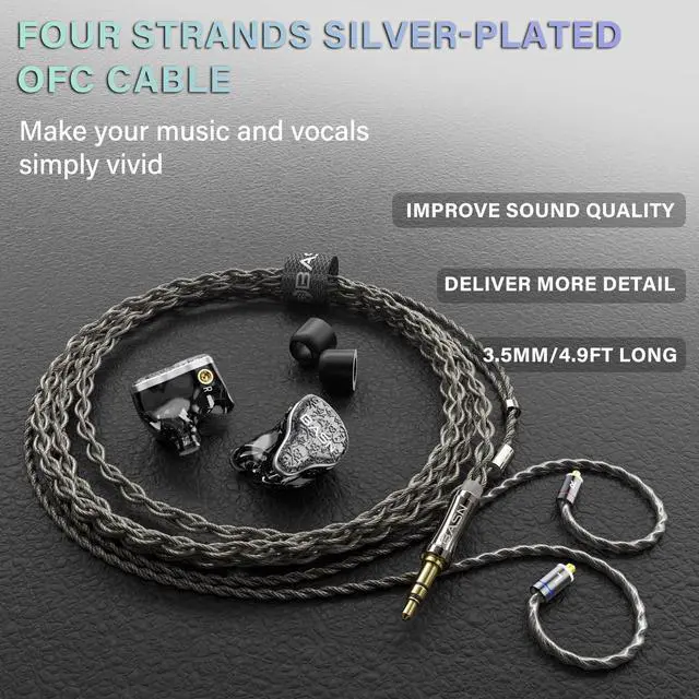 Alt view image 3 of 7 - Bmaster5 in Ear Monitors, 5 Drivers Drummer Headphones with Powerful Bass, Noise Isolation IEM Earbuds with Detachable MMCX Sliver-Plated OFC Cable for Musicians (Midnight Black, 3.5mm)