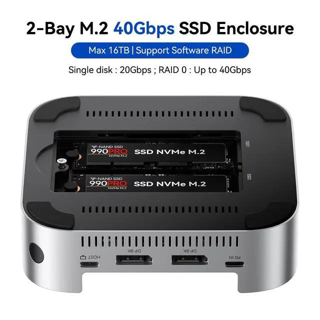 Alt view image 4 of 7 - 40Gbps Mac mini M4 Dock & Stand with Dual-Bay NVMe SSD Enclosure | Aluminum DP Hub for Mac mini M4 and M4 Pro 2024, 4K60Hz DP, 3X10G USB A, PD 30W, SD/TF 4.0, Support Dual SSD B+M M-Key