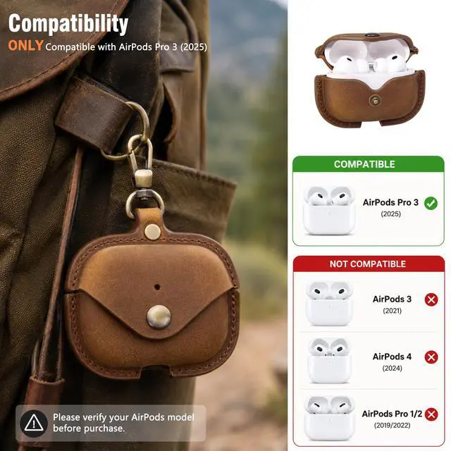 Alt view image 2 of 7 - Charging Case Cover for Apple Airpods Pro 3 (2025). Handcrafted Fully, Crazy Horse Cowhide Leather Vintage Case. Protective Portable Shockproof Case with Key ChainCoffee