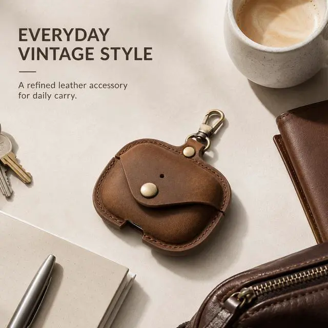 Alt view image 3 of 7 - Charging Case Cover for Apple Airpods Pro 3 (2025). Handcrafted Fully, Crazy Horse Cowhide Leather Vintage Case. Protective Portable Shockproof Case with Key ChainCoffee