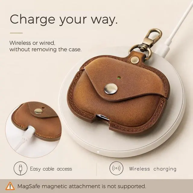 Alt view image 5 of 7 - Charging Case Cover for Apple Airpods Pro 3 (2025). Handcrafted Fully, Crazy Horse Cowhide Leather Vintage Case. Protective Portable Shockproof Case with Key ChainCoffee