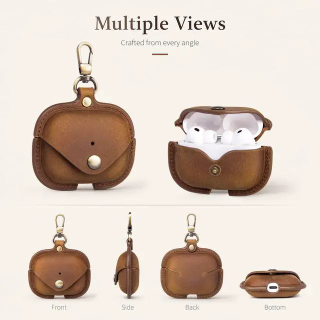 Alt view image 4 of 7 - Charging Case Cover for Apple Airpods Pro 3 (2025). Handcrafted Fully, Crazy Horse Cowhide Leather Vintage Case. Protective Portable Shockproof Case with Key ChainCoffee