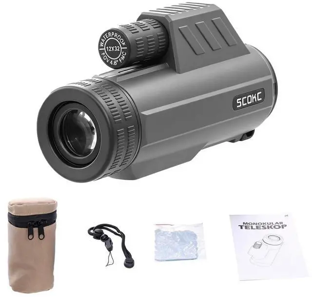 Main image of Waterproof Monocular Telescope | Lightweight with Travel Bag, Compact, 12X Magnification, Wide Field of View for Bird Watching, Hunting, Hiking, Camping (12x32, Dark Grey)