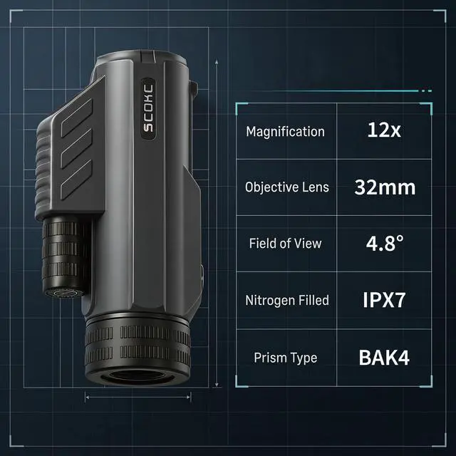 Alt view image 6 of 7 - Waterproof Monocular Telescope | Lightweight with Travel Bag, Compact, 12X Magnification, Wide Field of View for Bird Watching, Hunting, Hiking, Camping (12x32, Dark Grey)