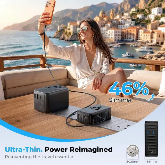 Alt view image 2 of 7 - Aura 45W Ultra-Thin Universal Travel Adapter, 36mm Slim 6-in-1 (2C + 2A + 2AC) International Power Plug for Home & Trip, PD Fast Power Converter, Works in 200+ Countries (Midnight Black)