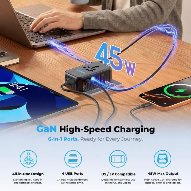 Alt view image 4 of 7 - Aura 45W Ultra-Thin Universal Travel Adapter, 36mm Slim 6-in-1 (2C + 2A + 2AC) International Power Plug for Home & Trip, PD Fast Power Converter, Works in 200+ Countries (Midnight Black)