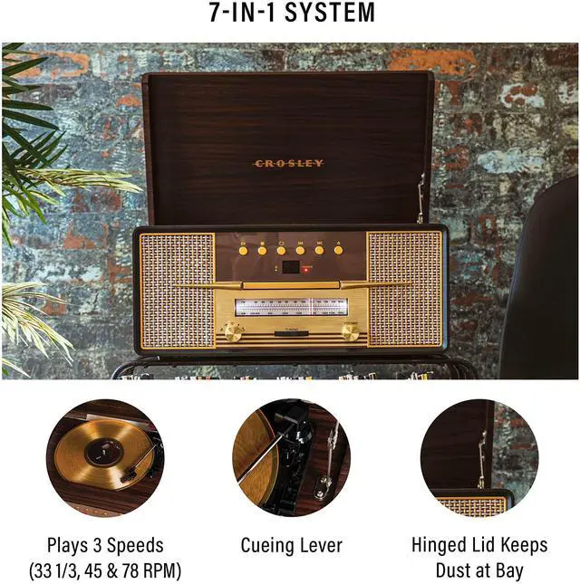 Alt view image 2 of 7 - CR7016A-MA Rhapsody 7-in-1 Record Player, Mahogany | 3-Speed Turntable, Bluetooth In, Built-in Full-Range Stereo Speakers, AM/FM Radio, CD Player