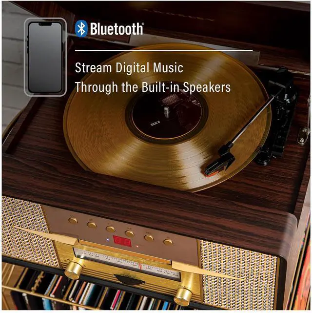 Alt view image 4 of 7 - CR7016A-MA Rhapsody 7-in-1 Record Player, Mahogany | 3-Speed Turntable, Bluetooth In, Built-in Full-Range Stereo Speakers, AM/FM Radio, CD Player