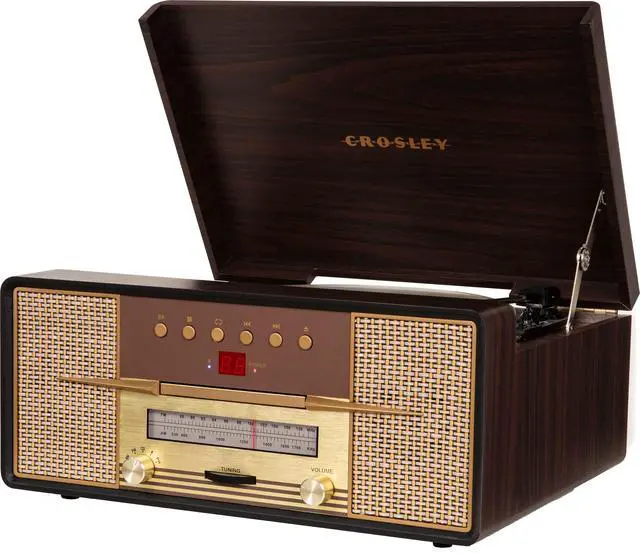 Alt view image 5 of 7 - CR7016A-MA Rhapsody 7-in-1 Record Player, Mahogany | 3-Speed Turntable, Bluetooth In, Built-in Full-Range Stereo Speakers, AM/FM Radio, CD Player