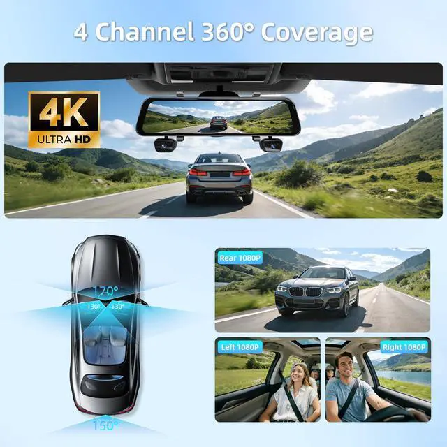 Alt view image 2 of 7 - 12" 4K+1080Px3,4 Channel Mirror Dash Cam Front and Rear with STARVIS Sensor, Rear View Mirror Camera,Back up Camera for Cars,8 IR Night Vision,WiFi,GPS,Voice Control,Free 128G SD
