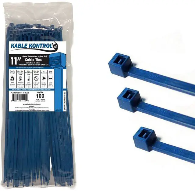 Main image of Metal Detectable Blue Zip Ties 100 Pcs, 11 Inch, 50 Lbs Test | Iron Infused Cable Ties, Self-Locking, Metal Detector Compatible