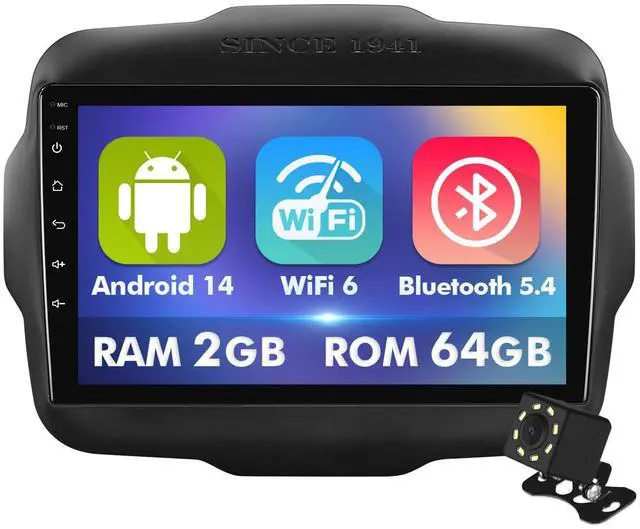 Main image of 9 Inch IPS Touchscreen Android 14 Car Stereo for Jeep Renegade 2015-2020 with Wireless CarPlay & Android Auto 2+64GB Car Radio, Support WiFi 6, Bluetooth,5.4, Backup Camera, SWC