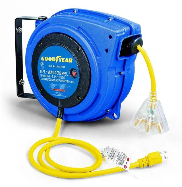 Main image of Extension Cord Reel Retractable 16AWG x 50' Foot 3C/SJTOW Commercial Cable LED Triple Tap Connector Power 10A 125VAC 938W | 3C/SJTOW Commercial Cable LED Triple Tap Connector Power 10A 125VAC 938W