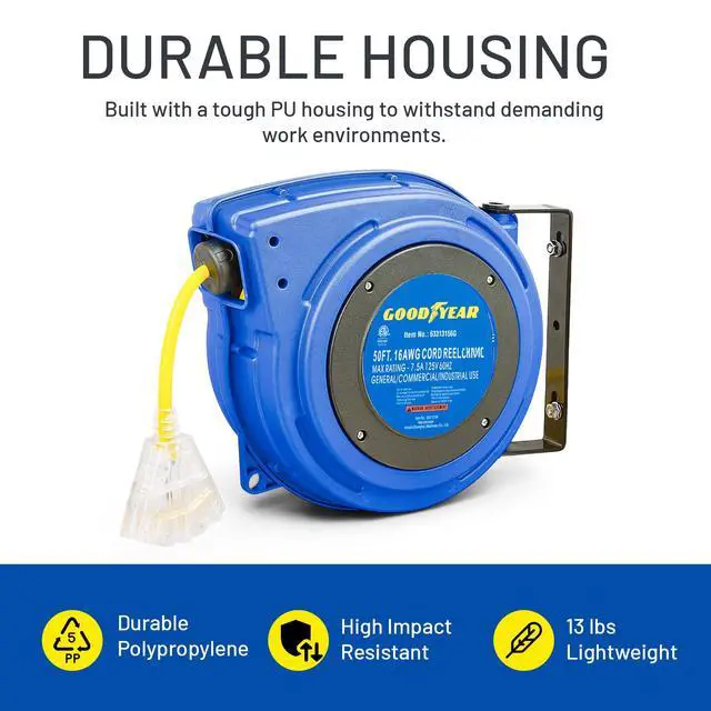 Alt view image 5 of 7 - Extension Cord Reel Retractable 16AWG x 50' Foot 3C/SJTOW Commercial Cable LED Triple Tap Connector Power 10A 125VAC 938W | 3C/SJTOW Commercial Cable LED Triple Tap Connector Power 10A 125VAC 938W