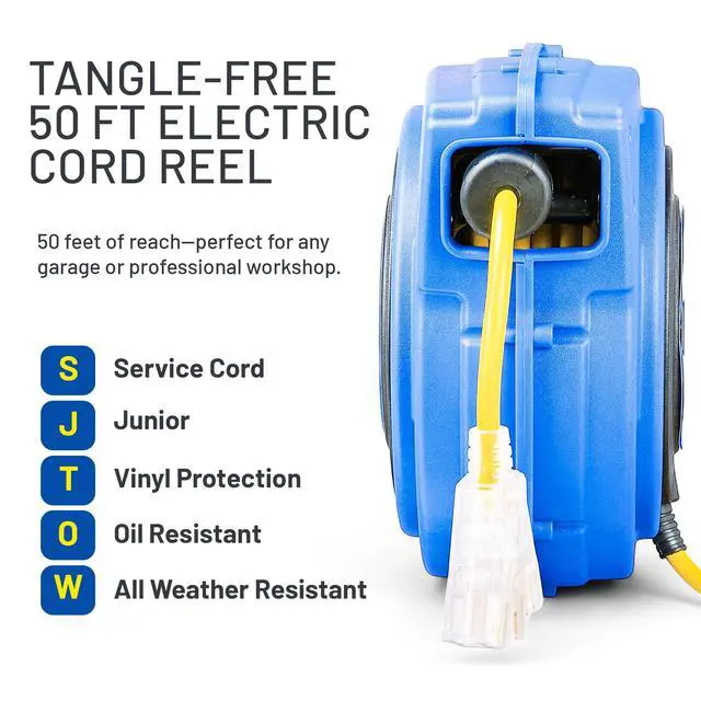 Alt view image 4 of 7 - Extension Cord Reel Retractable 16AWG x 50' Foot 3C/SJTOW Commercial Cable LED Triple Tap Connector Power 10A 125VAC 938W | 3C/SJTOW Commercial Cable LED Triple Tap Connector Power 10A 125VAC 938W