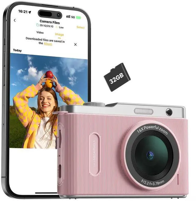 Main image of WiFi Digital Camera for Kids with Switching Dual Lens, 64MP 4K Point and Shoot Camera with 32GB Card, 16X Zoom, Anti Shake, Portable Compact Cameras for Teens Girl Boy Kids Starter Pink