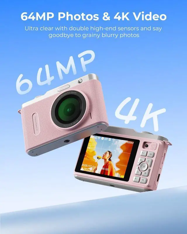 Alt view image 2 of 7 - WiFi Digital Camera for Kids with Switching Dual Lens, 64MP 4K Point and Shoot Camera with 32GB Card, 16X Zoom, Anti Shake, Portable Compact Cameras for Teens Girl Boy Kids Starter Pink