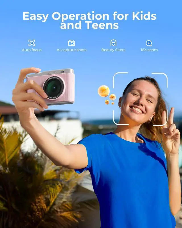 Alt view image 3 of 7 - WiFi Digital Camera for Kids with Switching Dual Lens, 64MP 4K Point and Shoot Camera with 32GB Card, 16X Zoom, Anti Shake, Portable Compact Cameras for Teens Girl Boy Kids Starter Pink