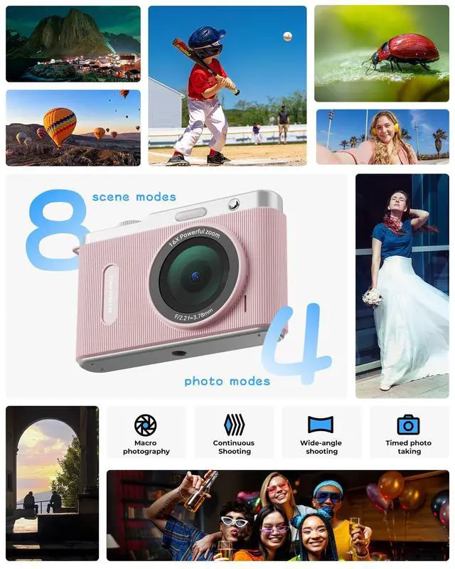 Alt view image 4 of 7 - WiFi Digital Camera for Kids with Switching Dual Lens, 64MP 4K Point and Shoot Camera with 32GB Card, 16X Zoom, Anti Shake, Portable Compact Cameras for Teens Girl Boy Kids Starter Pink