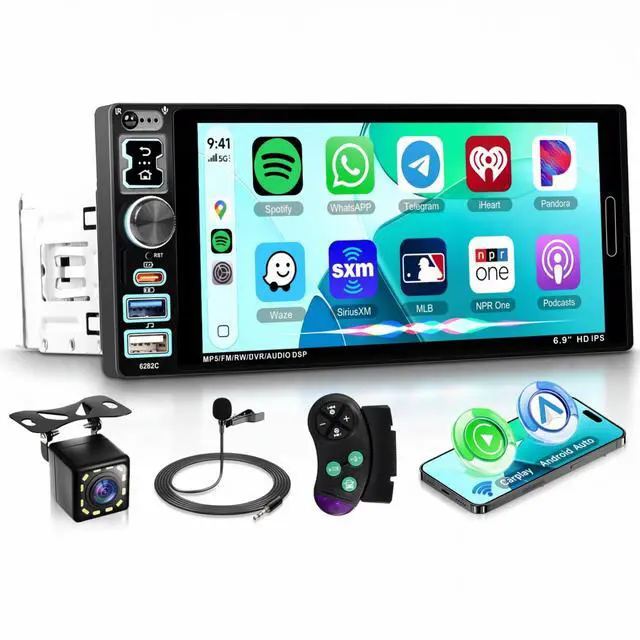 Main image of 6.9 inch Single Din Car Stereo Wired Carplay Android Auto Car Radio with Bluetooth 5.2, Touch Screen Mirror Link FM/EQ USB-2/Type-C/SWC/MIC Car Audio Receiver with Backup Camera