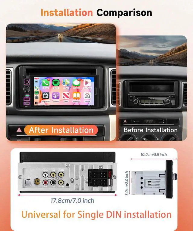Alt view image 2 of 7 - 6.9 inch Single Din Car Stereo Wired Carplay Android Auto Car Radio with Bluetooth 5.2, Touch Screen Mirror Link FM/EQ USB-2/Type-C/SWC/MIC Car Audio Receiver with Backup Camera