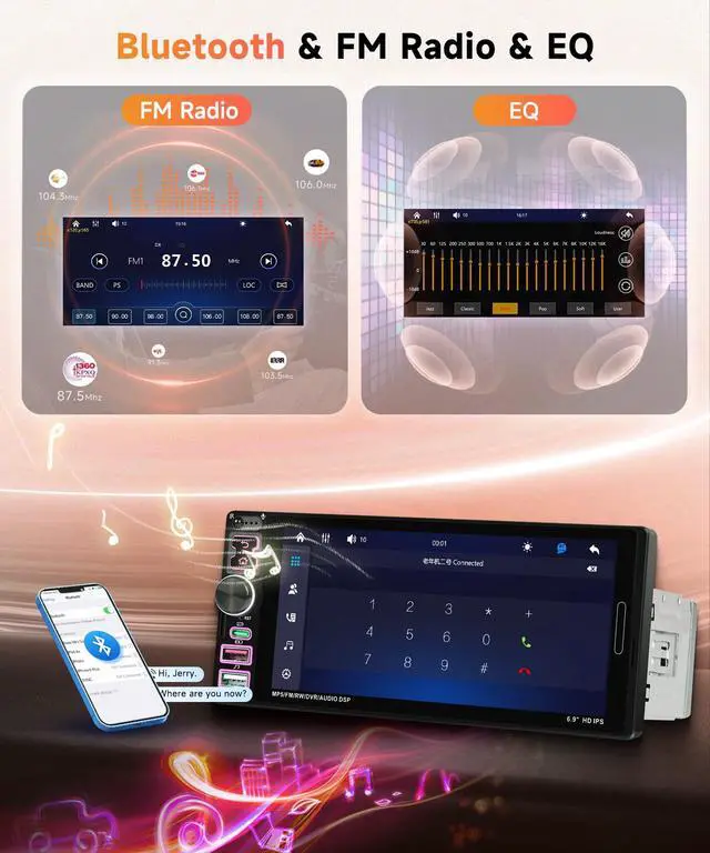 Alt view image 4 of 7 - 6.9 inch Single Din Car Stereo Wired Carplay Android Auto Car Radio with Bluetooth 5.2, Touch Screen Mirror Link FM/EQ USB-2/Type-C/SWC/MIC Car Audio Receiver with Backup Camera