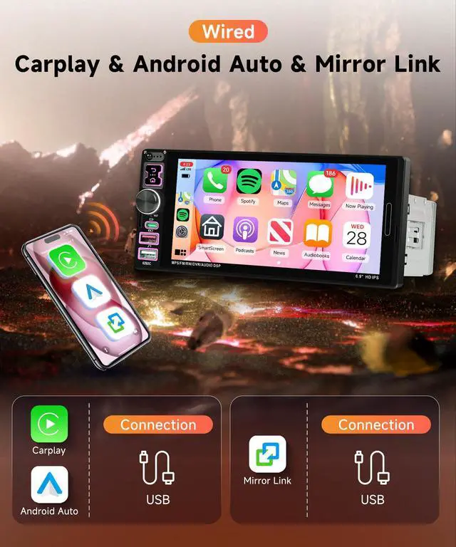 Alt view image 3 of 7 - 6.9 inch Single Din Car Stereo Wired Carplay Android Auto Car Radio with Bluetooth 5.2, Touch Screen Mirror Link FM/EQ USB-2/Type-C/SWC/MIC Car Audio Receiver with Backup Camera