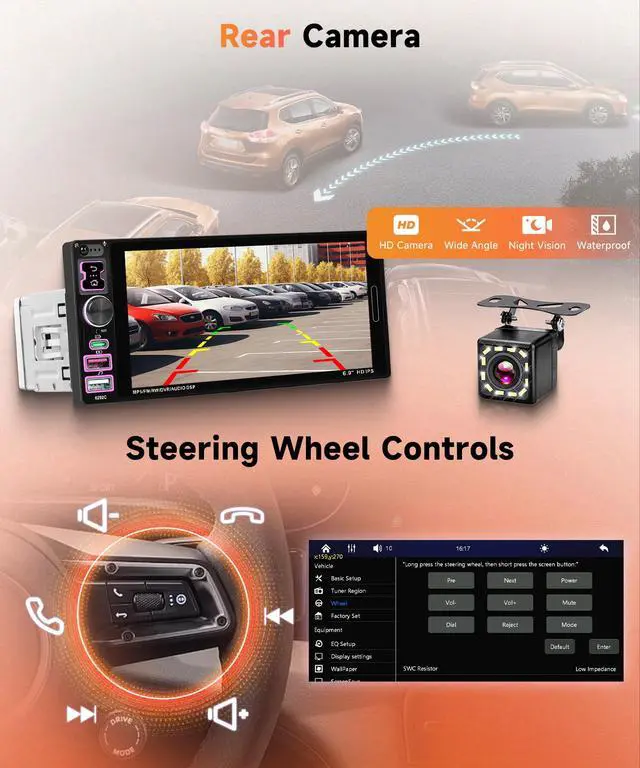 Alt view image 5 of 7 - 6.9 inch Single Din Car Stereo Wired Carplay Android Auto Car Radio with Bluetooth 5.2, Touch Screen Mirror Link FM/EQ USB-2/Type-C/SWC/MIC Car Audio Receiver with Backup Camera