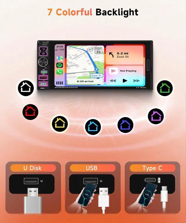 Alt view image 6 of 7 - 6.9 inch Single Din Car Stereo Wired Carplay Android Auto Car Radio with Bluetooth 5.2, Touch Screen Mirror Link FM/EQ USB-2/Type-C/SWC/MIC Car Audio Receiver with Backup Camera