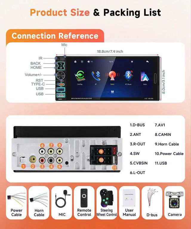 Alt view image 7 of 7 - 6.9 inch Single Din Car Stereo Wired Carplay Android Auto Car Radio with Bluetooth 5.2, Touch Screen Mirror Link FM/EQ USB-2/Type-C/SWC/MIC Car Audio Receiver with Backup Camera