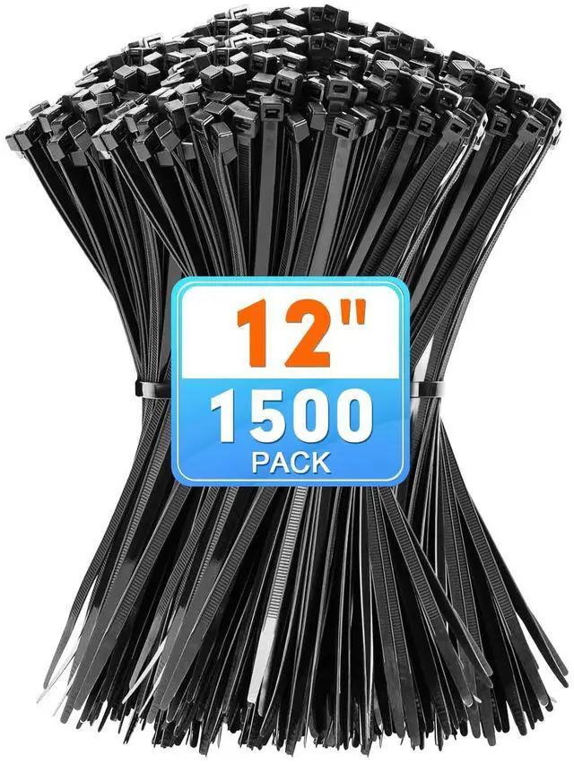 Main image of 12 Inch Black Nylon Zip Ties, 1500 Pack Self-Locking 50lb Tensile